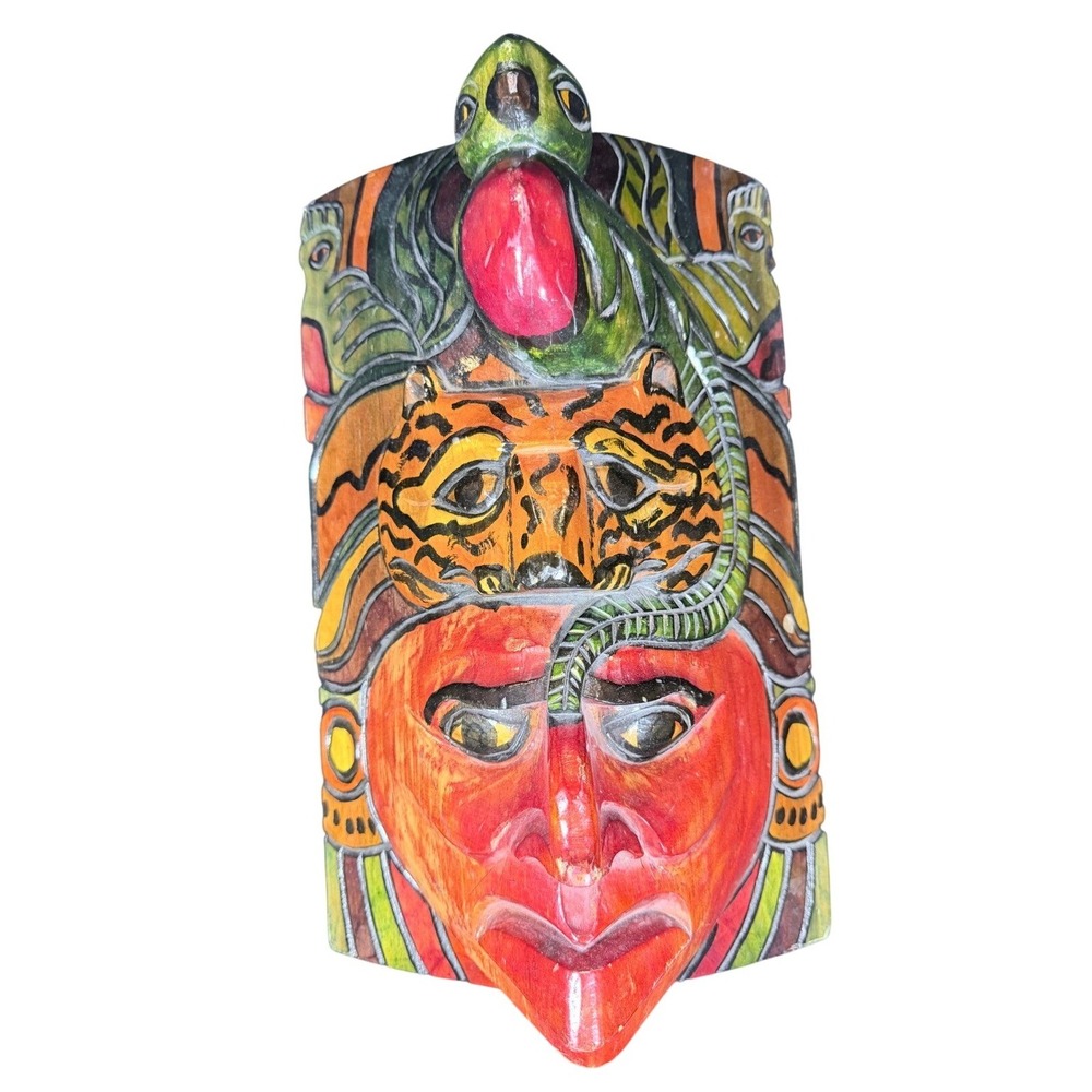 Hand Carved Wooden Mayan Aztec Style Mask Jaguar Bird Folk Art Wall Decor 15.5in
